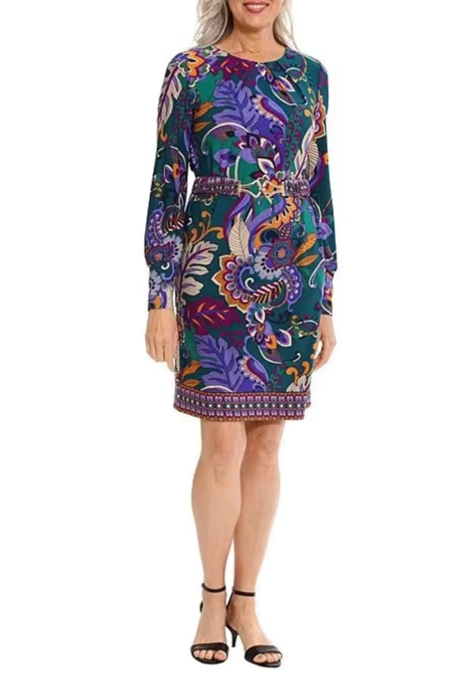 London Times Blue Teal Floral Jewel Neck Mini Sheath Dress 4 NWT Abstract Belted